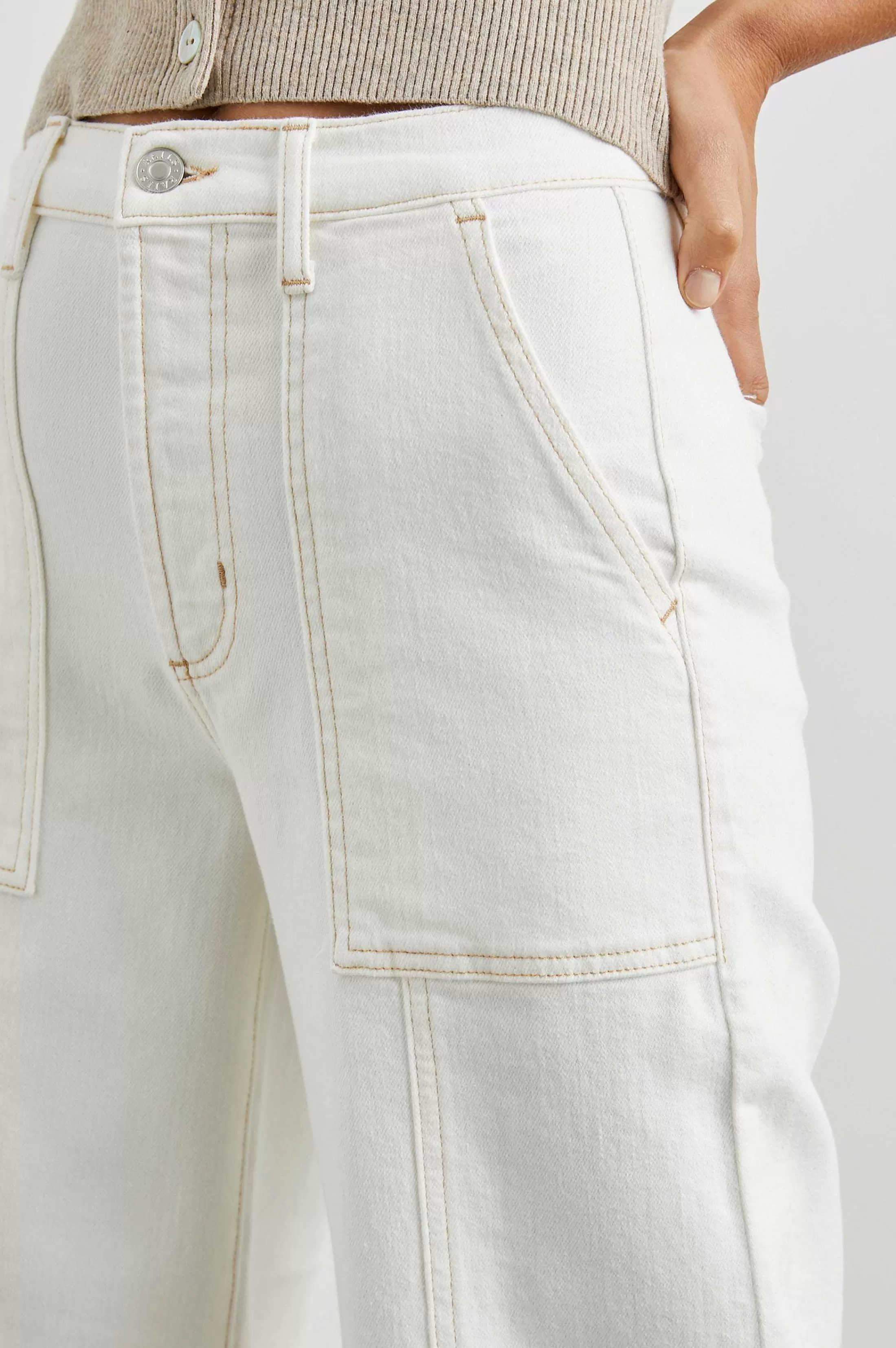 Denim-Rails Getty Crop Utility Wijde Pijpen - Vintage Ecru Contraststeek